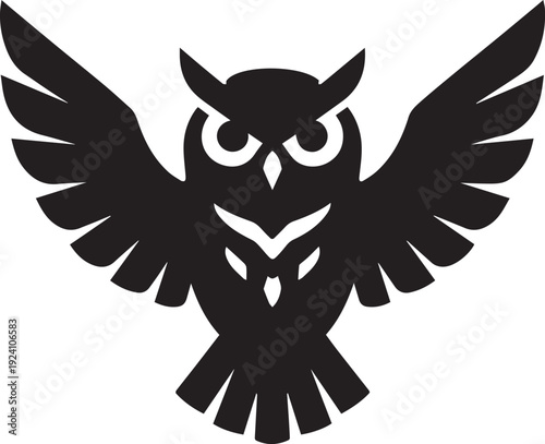 Black silhouette of an owl with wings spread on white background animal