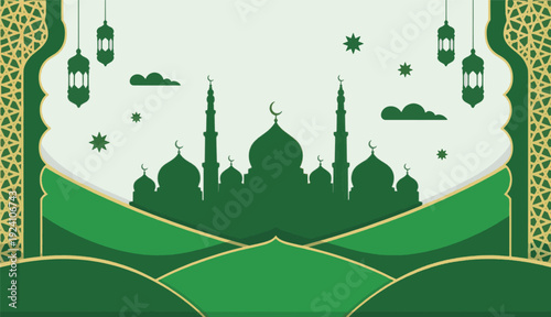 Islamic Ramadan Kareem Background with Green Mosque Silhouette