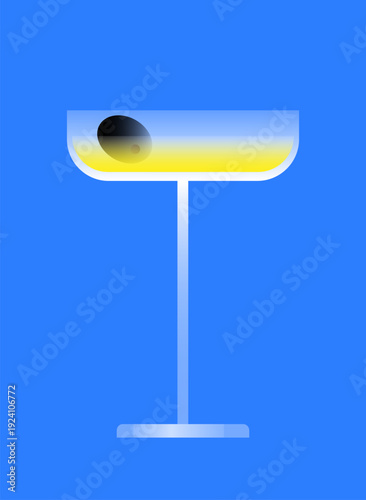Minimalist flat vector style illustration of a classic martini cocktail with a black olive in a glass, set against a vibrant blue background. Perfect for bar menus, party invitations, promos