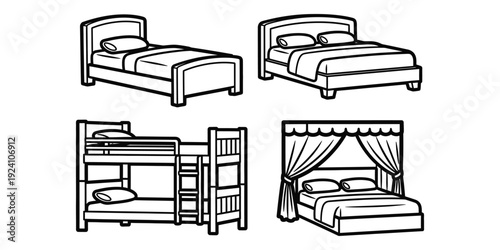 Illustrations of various bed designs, including bunk beds and canopy beds, in a minimalist line art style.