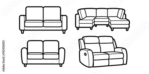 Line drawings of various sofa designs from different viewpoints in a minimalist style