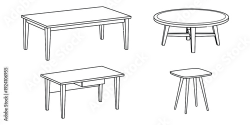 Collection of simple line drawings of various furniture pieces including tables and stool viewed from different angles