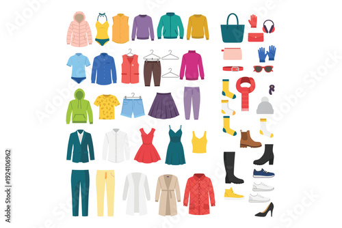Assortment of Colorful Casual and Formal Clothing and Accessories jacket hoodie