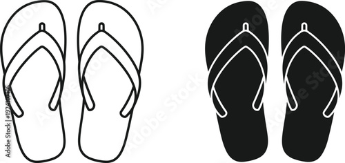 Set of Flip-Flop Icons Featuring Black-and-White Variations with Minimalist Sandal Designs in Summer Footwear Artwork