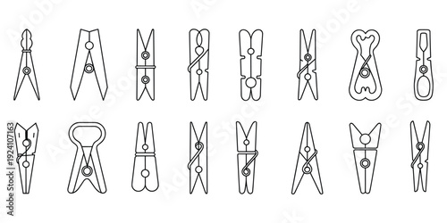 Assortment of Clothespins in Various Styles and Designs on a White Background Keywords: clothespin, clothes peg, fastener, clip