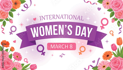 International Women's Day March 8 Banner with Elegant Flowers and Purple Ribbon
