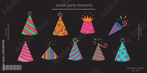 Party hats vector set, colorful birthday celebration cones illustration