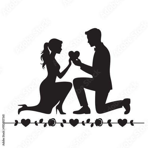 Romantic marriage proposal silhouette with man on knee giving heart to woman decorated with floral border and hearts for wedding announcement vector