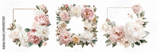 Elegant wedding invitation frames and wreath, blush pink and white peonies with subtle watercolor roses, soft floral composition for romantic events or decorative banners on clear background