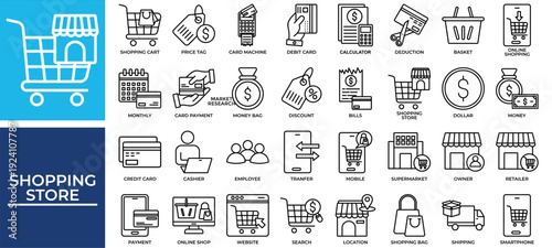Shopping Store icon set collection. Containing calculate, value, bills, profit, marketing, search, revenue .Line vector icons collection
