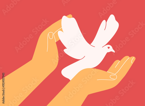 two hands care about dove. White liying pigeon in arms on pink background. Symbol of peace, love and kindness. vector illustration