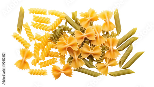 Schilderij op canvas Isolated mix of dry uncooked pasta food preparation for an Italian dish or recip