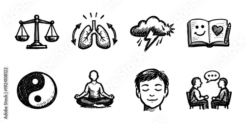 Mental health sketch icon collection in black. Set of meditation, balance, therapy and wellbeing icons in doodle style