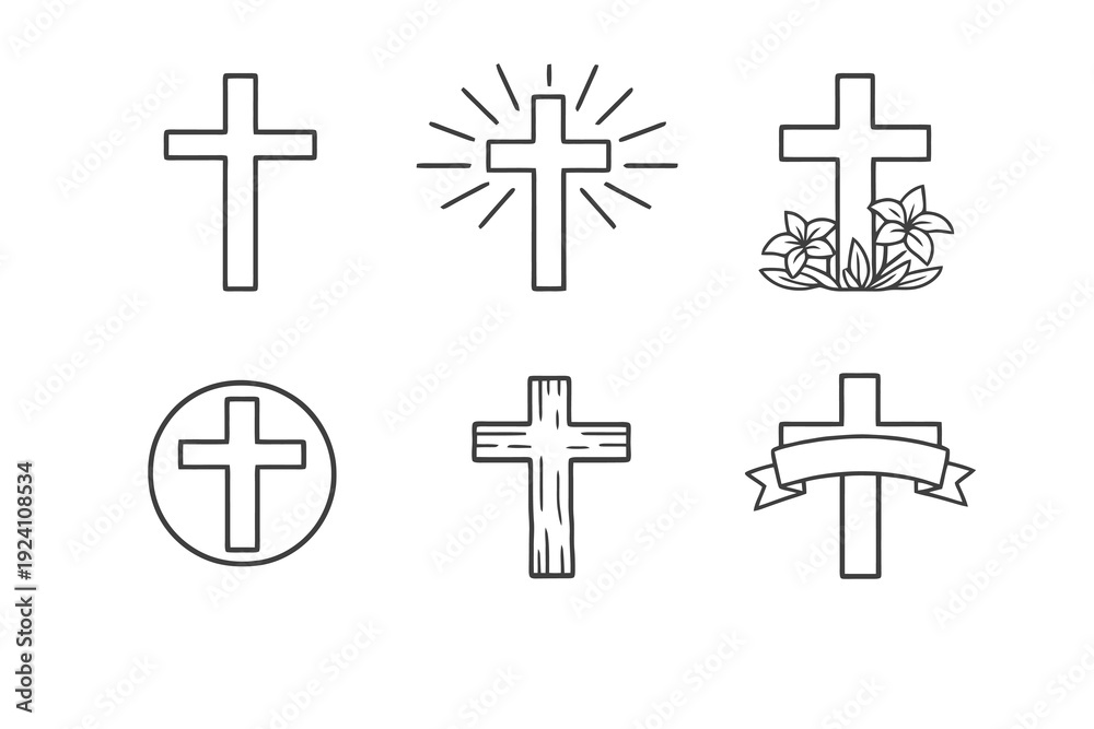 Fototapeta premium Easter cross icon set in outline style. Monochrome editable stroke vector collection isolated on transparent background for religious holiday and church design.