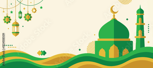 Ramadan Kareem Horizontal Banner with Green Mosque Silhouette