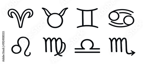 Outlined zodiac symbols arranged in two rows on gray background