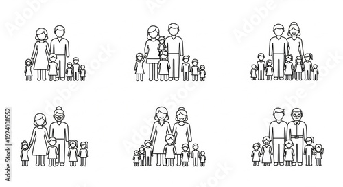 Diverse Family Groupings Simple Line Art Illustrations.