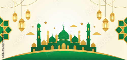 Ramadan Kareem Panorama Banner with Green Mosque