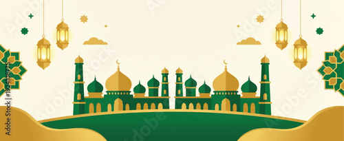 Ramadan Kareem Panorama Banner with Green Mosque