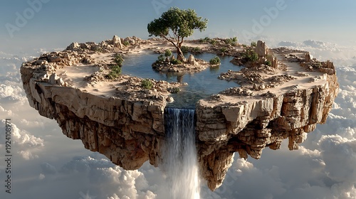 Surreal flying island with cascading waterfall scene pictures
