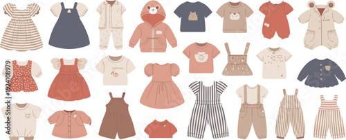 Assortment of Cute Baby Clothes in Earthy Tones vector