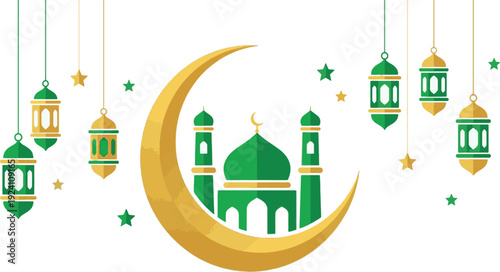 Islamic Ramadan Kareem Background with Green Mosque, Large Golden Crescent Moon and Hanging Lanterns