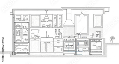 Detailed Architectural Drawing of a Modern Kitchen Layout.