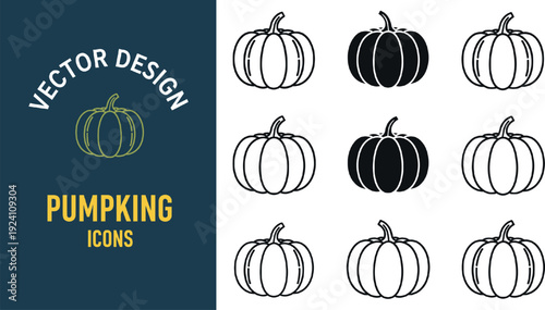 Set of pumpkin icons in outline and solid styles showing whole autumn gourds for harvest, Halloween and seasonal design vector collection