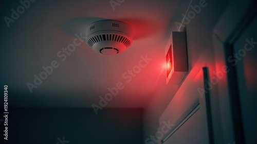 Close-up of fire alarm and emergency exit sign with red lights in a darkened room