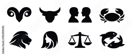 Zodiac symbols arranged in two rows on dark textured background