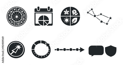 Zodiac wheel and user interface icons on dark background