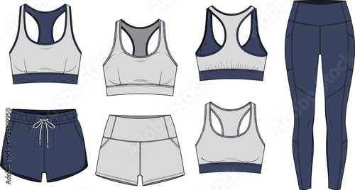 Women Sportswear Collection Vector Illustration Set with Sports Bra Shorts and Leggings Isolated on White Background for Fitness Fashion Design