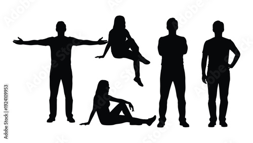 A group of people standing and sitting in different poses isolated on white background, Vector