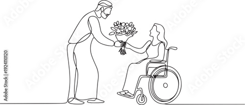 Single continuous line drawing Arab male and disabled female in wheelchair. Man give bouquet of flower to woman. Caregiver, family moral support. one line Icon drawing