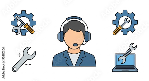 Customer service support technician with tools and technology icons.