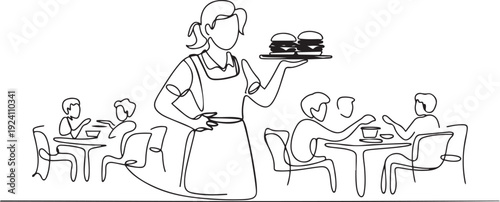 Single one line drawing the waitress wearing yellow apron, both hands holding a tray of burgers. Serving food in the school canteen. School Lunch Hero Day. one line Icon drawing