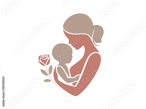 Stylized silhouette depicts a mother tenderly holding her infant close beside a delicate blooming rose emblem.