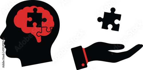 Human head profile with red brain puzzle missing piece held by hand symbolizing mental health, problem solving, cognition, and clarity