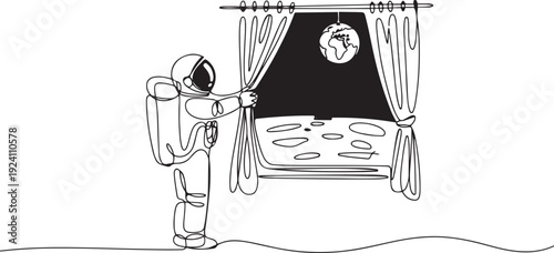 Single continuous line drawing young astronaut opening window curtains in moon surface. Wake up and open curtain in morning to get fresh air. one line Icon drawing