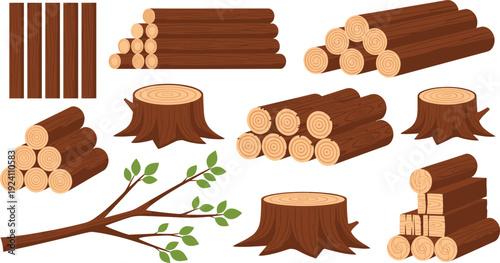 Wood Log and Tree Stump Collection Vector Illustration Set with Timber Piles Branches and Cut Trunks Isolated on White Background