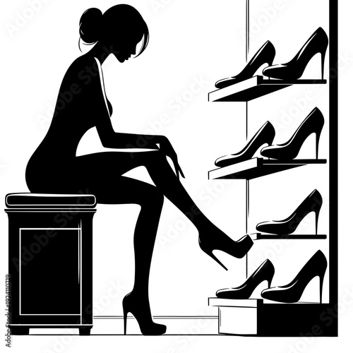 Woman choosing elegant high-heels beside shoe display