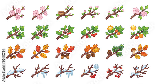 Four Seasons Tree Branches Vector Icon Sticker Set