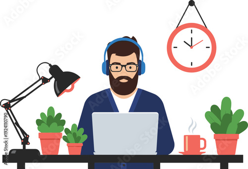 Freelancer Working from Home Office Desk with Laptop Headphones and Coffee Vector Illustration