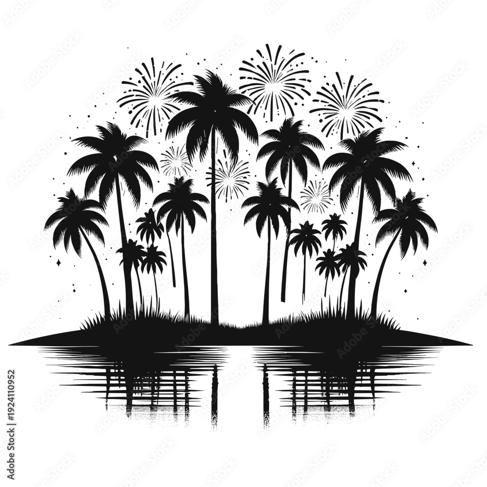 Fototapeta premium Black and white palm trees fireworks illustration, tropical celebration scene