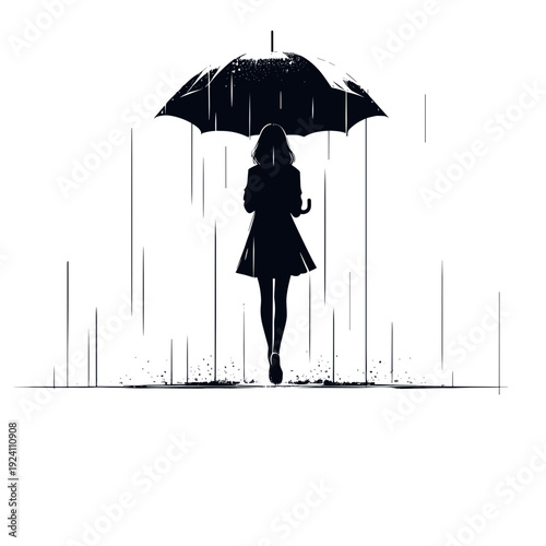 Silhouette woman holding umbrella walking in heavy rain