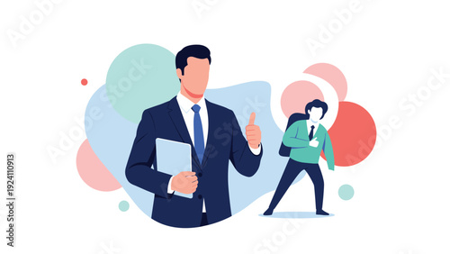 Professional businessman gives a thumbs up next to a student character against a background of colorful abstract circles and shapes.