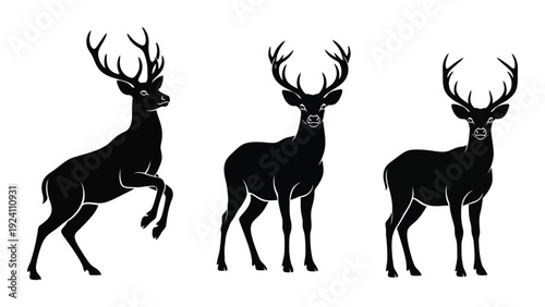 Three black deer silhouettes standing in a row isolated on white background, Vector