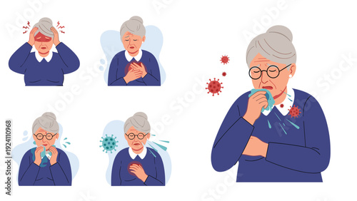Set of illustrations of an elderly woman showing symptoms of illness like high fever, headache, chest pain, and viral infection signs.
