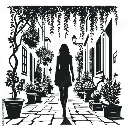 Woman walking through lush garden pathway under hanging vines