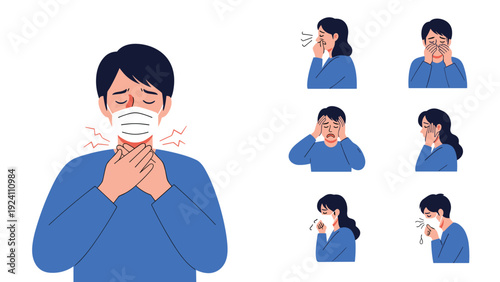 Health illustration set showing a man in a protective face mask experiencing symptoms like a sore throat, headache, and coughing.